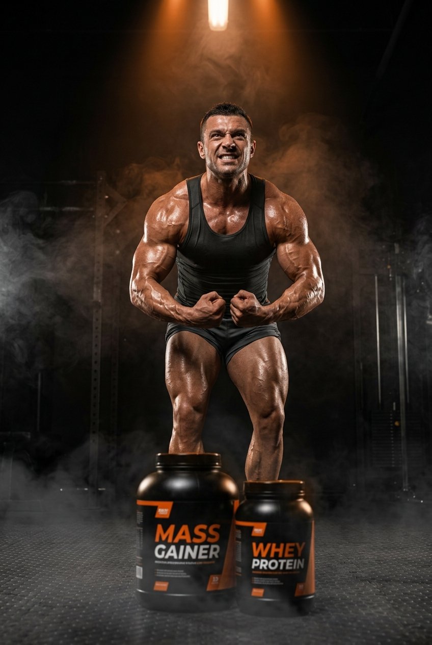 Athlète musculation prise de masse avec produits