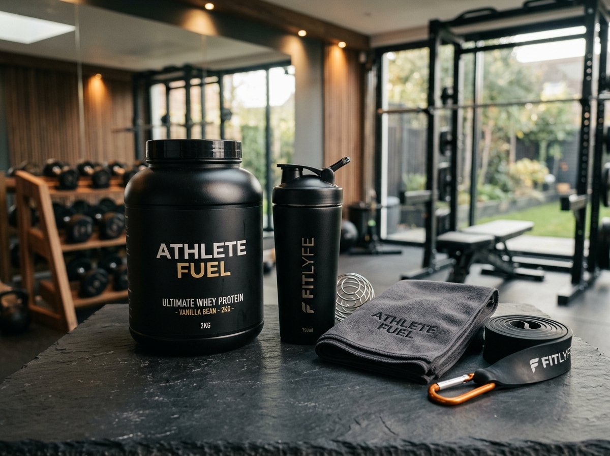Protéine et shaker dans espace fitness maison